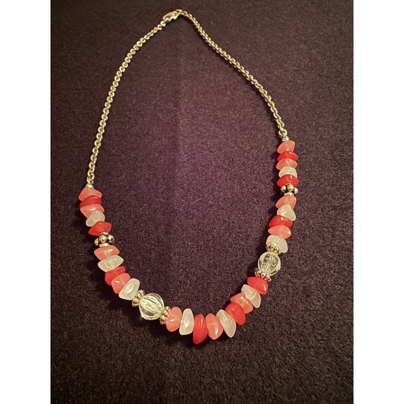 Jewelry - Coral Pink Frosted Glass Chip Beaded Avon Necklace Slvr Tone Chain Lobster Clasp